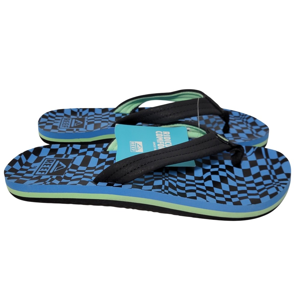 Reef Kids Blue Black Checkerboard Flip Flops